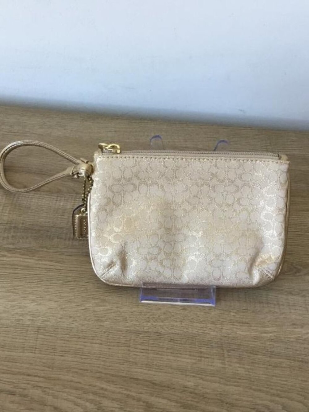 Coach Metallic Gold Signature Jacquard Wristlet Y2K Zip Pouch Mini Bag